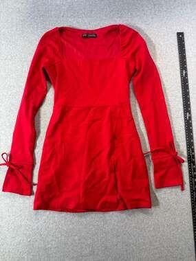 Finesse Red Long Sleeve Square Neck Tie Cuff Mini Dress Size XS